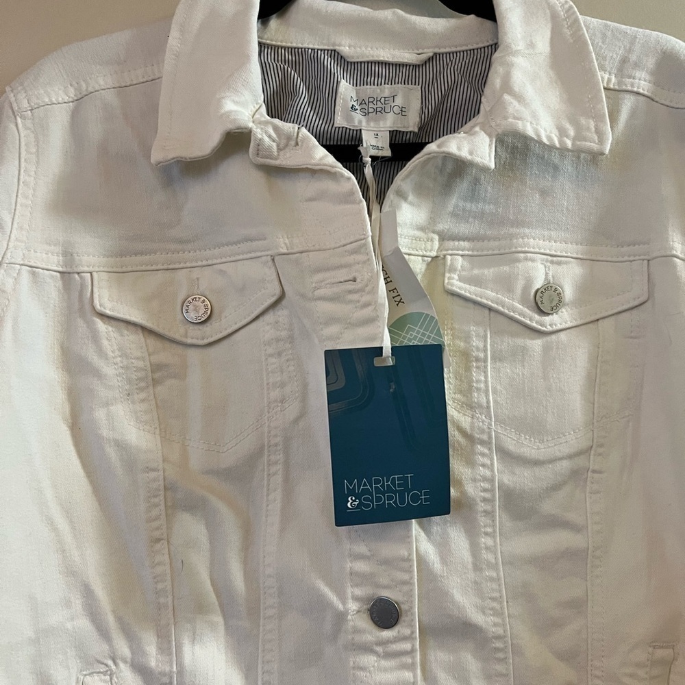 NWT Market & Spruce White Denim Jean Jacket w/ Blue Striped Fold Up Cuff, 1X - Picture 4 of 6